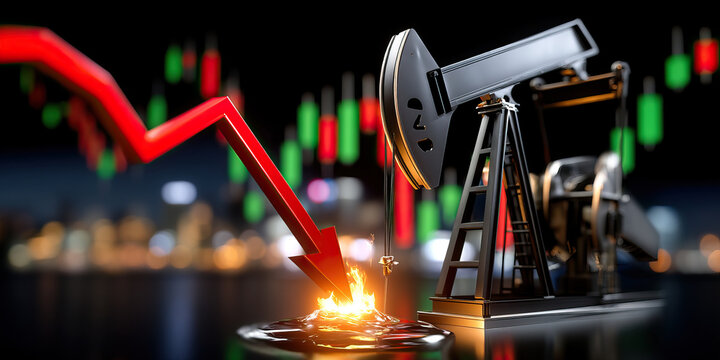 Oil pumpjack with red arrow pointing down into oil barrel symbolizing energy market impact and price drop in financial trading chart - Powered by Adobe
