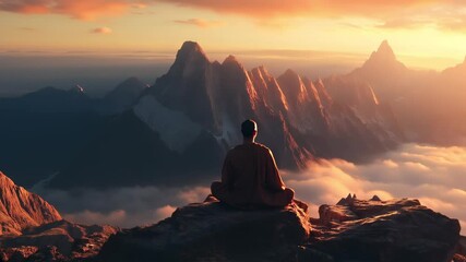 Man meditating on mountain peak during sunset in peaceful landscape   - Powered by Adobe