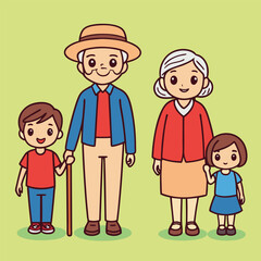 Happy Grandparents with Grandchildren Cartoon Illustration