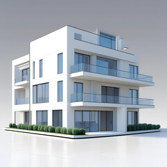 Modern urban architecture features glass-clad office and apartment buildings with numerous windows and balconies against a blue sky, reflecting contemporary city design