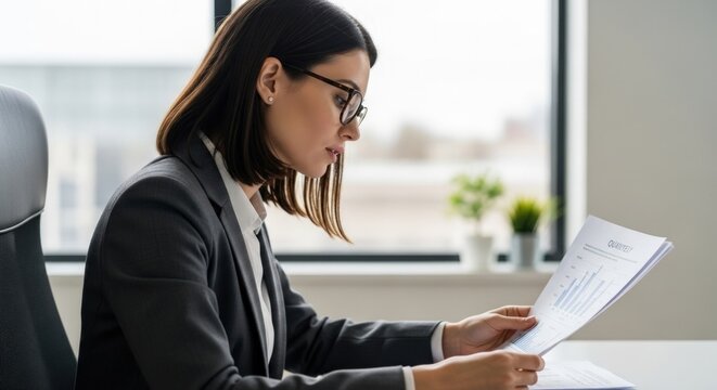 Woman in suit and glasses reviewing documents in office setting near window