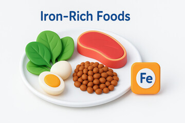 Iron rich foods including spinach, boiled egg, red meat, and beans on white plate promoting healthy nutrition and dietary iron intake for wellness and energy