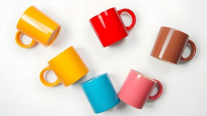 Several brightly colored mugs, clean and cheerful display, ideal for product collections.