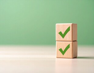 Wooden Blocks with Green Checkmarks: Success, Completion & Approval