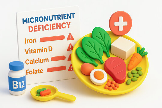 Micronutrient deficiency concept with vitamin B12 supplement healthy food plate including spinach carrot egg meat and tofu emphasizing iron vitamin D calcium and folate needs