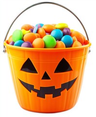 Halloween classic jack-o'-lantern bucket filled with colorful candies, isolated on a white background, in PNG format