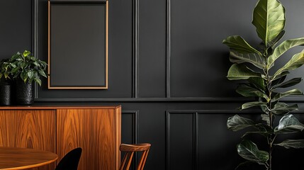 Dark, elegant room with wooden furniture and a plant.