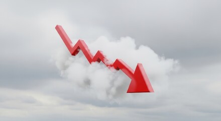 Red arrow pointing down zig zagging through white clouds in the sky view