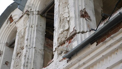 View to destroyed church at Kharkivska oblast. Ruined building after bomb attacks on ukrainian...