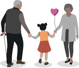 Grandparents walking with granddaughter holding a heart shaped balloon