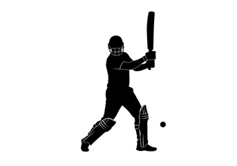 Naklejka premium Silhouette of cricket batsman in action with bat and ball on a white background ready to strike
