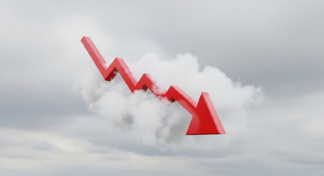 Red arrow pointing down zig zagging through white clouds in the sky view