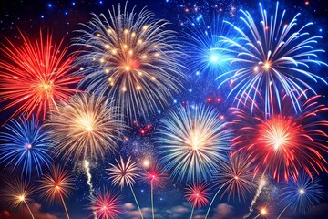 Vibrant Festive Fireworks Display: Night Sky Celebration, Red, White, and Blue Explosions