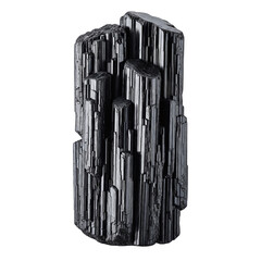 Raw black tourmaline crystal with striations on transparent background