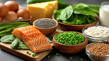 Salmon spinach green pea cheese egg diet promotes anti inflammatory benefits supporting longevity with fresh natural ingredients for healthy balanced meals and nutrition