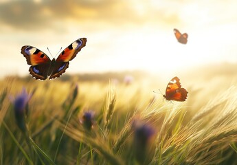 Wheat field with butterflies, green grasses, and purple wildflowers,
