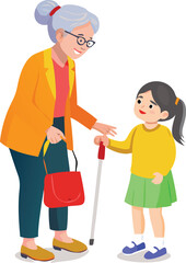 Grandmother and Granddaughter Walking Together Happy Elderly Woman with Cane Assisted by Child