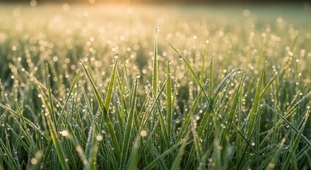 Obraz premium Close up of green grass blades covered in morning dew drops at sunrise
