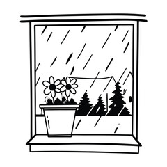 A window with a flower pot and rain drops on glass. Delicate and quiet moment.