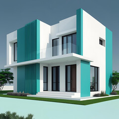 Modern architecture of a luxury urban office building with green windows, a contemporary facade, and a lush green grass exterior