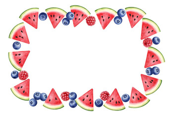 Watercolor summer fruit frame border with watermelon slices, blueberries, raspberries for invitations and decoration