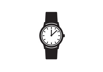 A black and white graphic illustration of a wristwatch with a band and a clock face shown