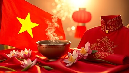 Crisp white chocolate fondue pot with swirling red berry sauce and Swiss cross confetti.