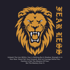Fierce lion head graphic design featuring motivational quote perfect for gym apparel and fitness branding