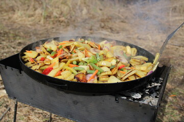 Fried vegetables in a pan over open fire outdoors during camping