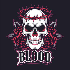 Gothic skull design featuring a crown of thorns and red roses perfect for dark art and tattoo designs