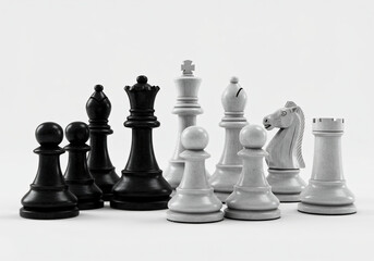 Realistic black and white chess pieces are set in isolation 