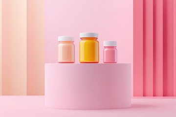 Vibrant, multicolored supplement bottles on a pink podium, with a simple and minimalistic design