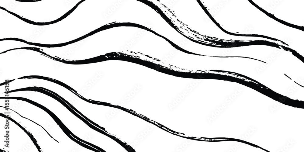 Poster Black flowing wave lines on white and transparent background. Wave line art pattern white backgrounds drawing. Black and white waves. Modern vector background. Stylish texture with wavy stripes lines.