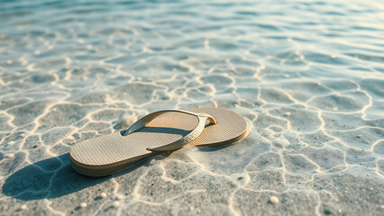 A beige flip-flop with a patterned sole and white straps is relaxing on a sandy beach near the shore. The sand is light in color, interspersed with small pebbles and shells. 