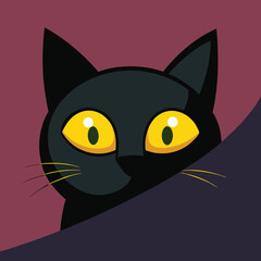 A cute black cat with big yellow eyes peeks from behind a dark surface