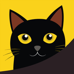 A cute black cat with big yellow eyes peeks from behind a dark surface