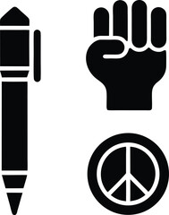 Black silhouette icons pen fist peace symbol writing