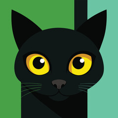 A black cat with bright yellow eyes peeks from behind a colorful background