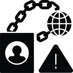 Black silhouette of a chained globe and person icon with warning sign