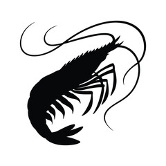 Black silhouette of a shrimp on a white background