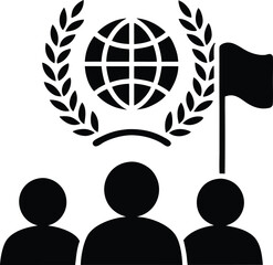 Black silhouette of globe with laurel wreath and people