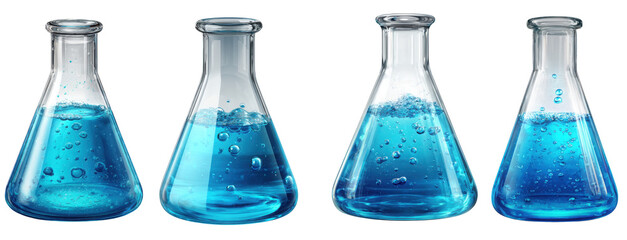 Four glass beakers filled with a vibrant blue liquid are isolated on transparent background, representing scientific experimentation