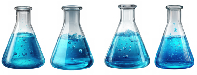 Four glass beakers filled with a vibrant blue liquid are isolated on transparent background, representing scientific experimentation