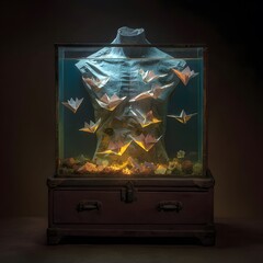 Submerged soul, concept with origami birds inside a torso aquarium. Surreal and symbolic conceptual photo of a human torso model submerged in a vintage aquarium filled with glowing origami birds.