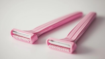 Two pink razors isolated on a white background, with no shadows, reflections, light effect