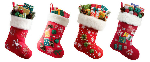 Four red christmas stockings filled with gifts and ornaments, isolated on transparent background, creating a festive atmosphere