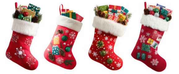 Four red christmas stockings filled with gifts and ornaments, isolated on transparent background, creating a festive atmosphere