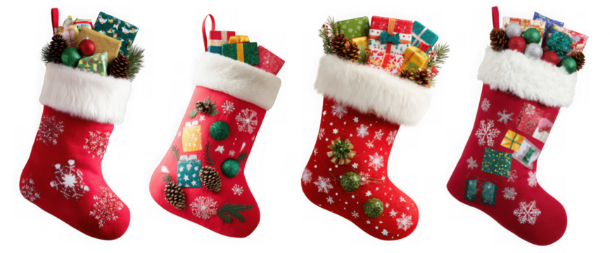 Four red christmas stockings filled with gifts and ornaments, isolated on transparent background, creating a festive atmosphere