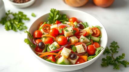 Fresh vegetable salad in a white bowl, captured from above with natural lighting and a clean kitchen backdrop.