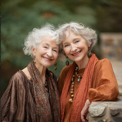 Fototapeta premium Professional photo of adorable elderly friends enjoying a nature park. Sophisticated Elegance